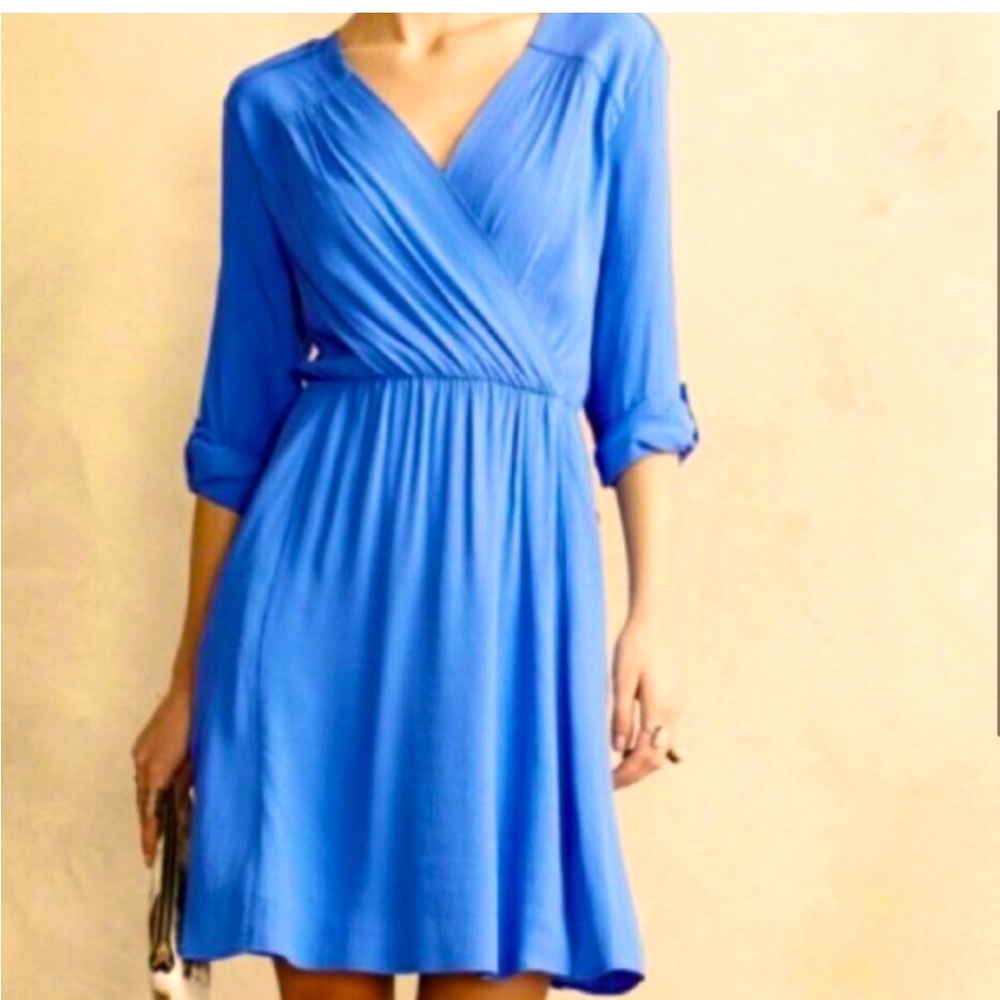 Anthropologie Maeve Blue Lene Crepe Faux Wrap Dress Roll tab long sleeve S NWOT